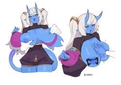 liren44, 1girls, areolae, baggy_clothing, blue_body