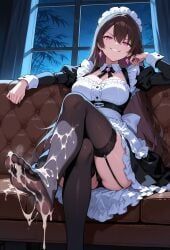rena, elkazama_yumi, brown_hair, cum_on_foot, femdom