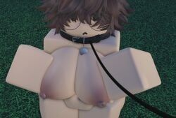 robloxian, roblox, brown_hair, collar, dark_areola