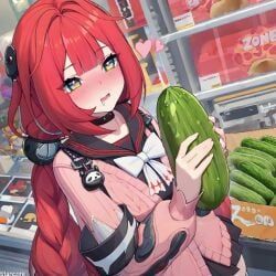ukinami_yuzuha, zenless_zone_zero, (titancore), blushing, cucumber