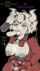 beelzebub_(helltaker), 404unstable, bare_breasts, black_background, cosplay