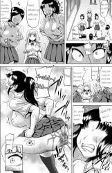 3girls, blushing, blushing_female, clutching_stomach, colorless