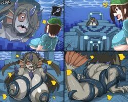 elder_guardian, squid_(minecraft), stella_(femsteve), steve_(minecraft), microsoft