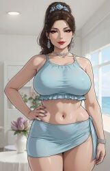 rgomez007, 1girls, beachside, belly_button, blue_clothing