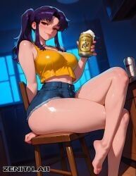misato_katsuragi, zenithai, beer, blue_shorts, denim_shorts