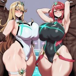 mythra, mythra_(radiant_beach)_(xenoblade), mythra_(xenoblade), pyra, pyra_(pro_swimmer)_(xenoblade)