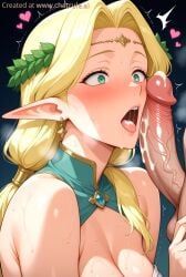 ephildis_agraliel, kyonyuu_elf_oyako_saimin, blush, breasts, bulge_in_face