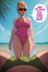 beach, blonde_female, cameltoe, incest, mommy
