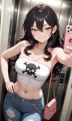 1girls, abdomen, bare_midriff, bare_shoulders, black_hair