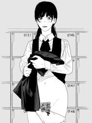mitaka_asa, chainsaw_man, nanami_toga, blush, clothes_lift