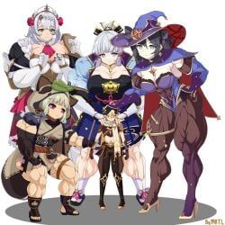 aether_(genshin_impact), kamisato_ayaka, mona_(genshin_impact), noelle_(genshin_impact), sayu_(genshin_impact)