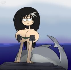 za_artist_(la-artist322), la-artist322_(artist), hands_on_rock, narrowed_eyes, ocean_background
