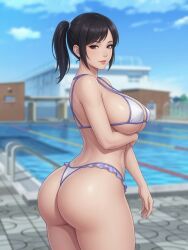 rgomez007, bangs, bikini, black_hair, blurry_background
