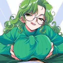 hazel_(rebecca_doodles), braces, green_eyes, green_hair, green_sweater