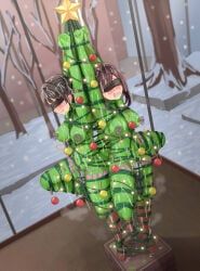 tsunakama, 3girls, arms_above_head, blindfold, body_paint
