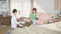 1boy, 1girls, blush, kissing, laying_down