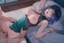yelan_(genshin_impact), genshin_impact, cocomiyart, 1boy, 1girl