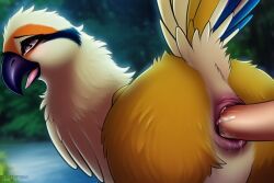 anatomically_correct, avian, bestiality, black_beak, brown_fur