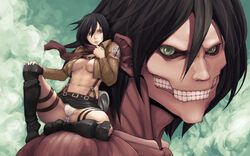 attack_titan, eren_jaeger, mikasa_ackerman, rogue_titan, titan_(shingeki_no_kyojin)