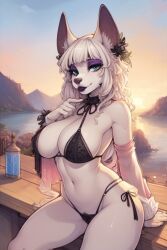 armwear, black_bikini, blue_eyes, blue_sky, canid