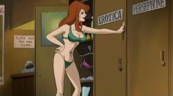 stripperella, arm_on_wall, backstage, belly_button_piercing, brunette_hair