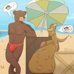 anthro, ball_bulge, beach, bear, bodily_fluids