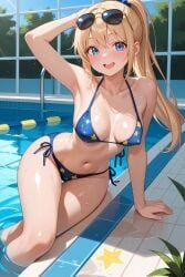 1girl, abdomen, bikini, blonde_hair, blue_bikini