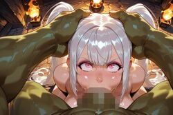 1girl, animal_ear_headphones, animal_ears, bed, blush