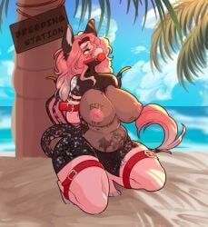mythology, xstupid_furryx, anthro, areola, arms_tied_behind_back
