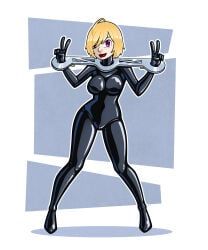 vanesarubberart, 1girls, black_clothing, black_latex, blonde_hair