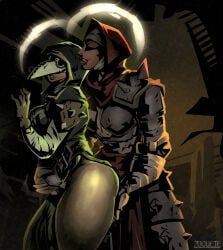 plague_doctor_(darkest_dungeon), vestal_(darkest_dungeon), darkest_dungeon, zoquete, 2girls
