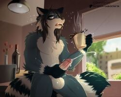 darkolynx, anthro, balls, beverage, blush