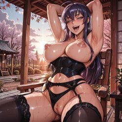 saeko_busujima, highschool_of_the_dead, backdoorsenpai, ahoge, armpits