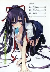 yatogami_tohka, date_a_live, holding_cash_money, holding_object_in_mouth, purple_hair
