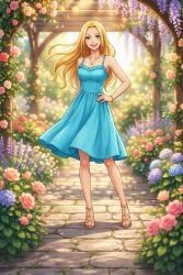 blonde_hair, blue_clothing,, female_only,, long_hair,, one_piece,