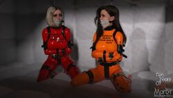 martyr_bondage, 2girls, asylum, ball_gag, black_hair