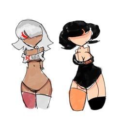 2girls, belly_button, black_hair, black_panties, black_sock