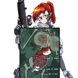 zako, deathfactory, 1girls, assault_rifle, breast_implants