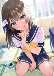 1girls, bag, blue_eyes, bow, bowtie