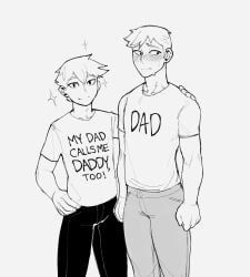 dad_(cheesecrumbles), son_(cheesecrumbles), cheesecrumbles, black_and_white, dilf