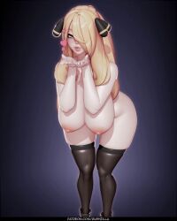 cynthia_(pokemon), pokemon, rushzilla, 1girls, areolae