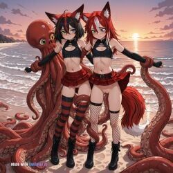 1girl, beach, black_boots, black_crop_top, black_fingerless_gloves