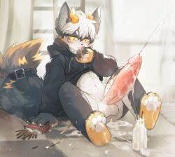anus, black_fur, canine, cum_on_feet, cum_on_penis
