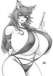 doinaka, animal_ears, blush, gigantic_breasts, holding_fan