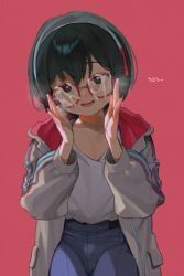 hans.b, 1girl, adjusting_eyewear, black_hair, blue_pants