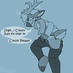 ritzcat, anthro, antlers, blue_background, bottomwear