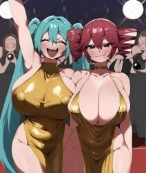 hatsune_miku, kasane_teto, vocaloid, 2girls, alternate_breast_size