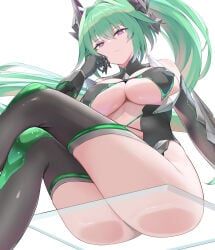 green_heart_(chaos_form), green_heart_(neptunia), neptune_(series), 1girl, against_glass
