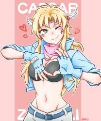 caesar_zeppeli, jojo's_bizarre_adventure, 1girl, blonde_hair, blue_jacket
