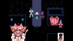 kris_(dark_world_form), kris_(deltarune), lancer_(deltarune), mad_mew_mew, pink_(deltarune)